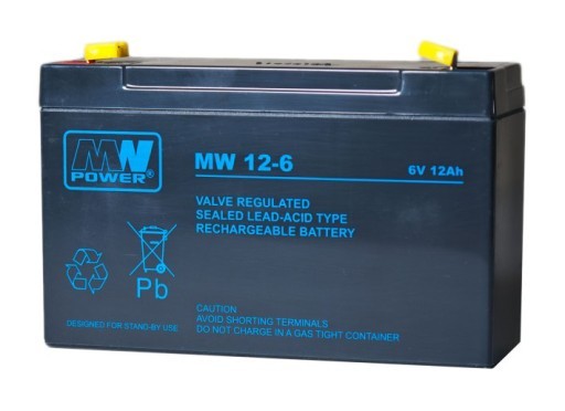 MW POWER: Pb 6V 12Ah bezúdržbový akumulátor 2,1 kg, nabíjací prúd 4A, vybíjací prúd 135A