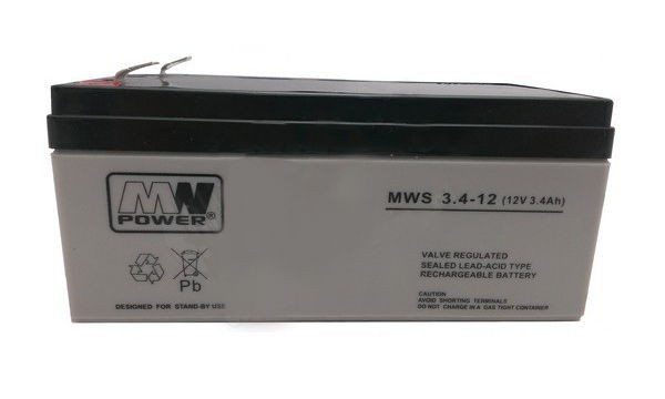 MW POWER: Pb 12V 3,4Ah bezúdržbový akumulátor 1,3 kg, maximálny nabíjací prúd 0,95A, maximálny vybíjací prúd 35A