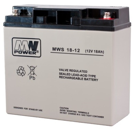 MW POWER: Pb 12V 18Ah bezúdržbový akumulátor 4,7 kg, maximálny nabíjací prúd 5A, maximálny vybíjací prúd 160A