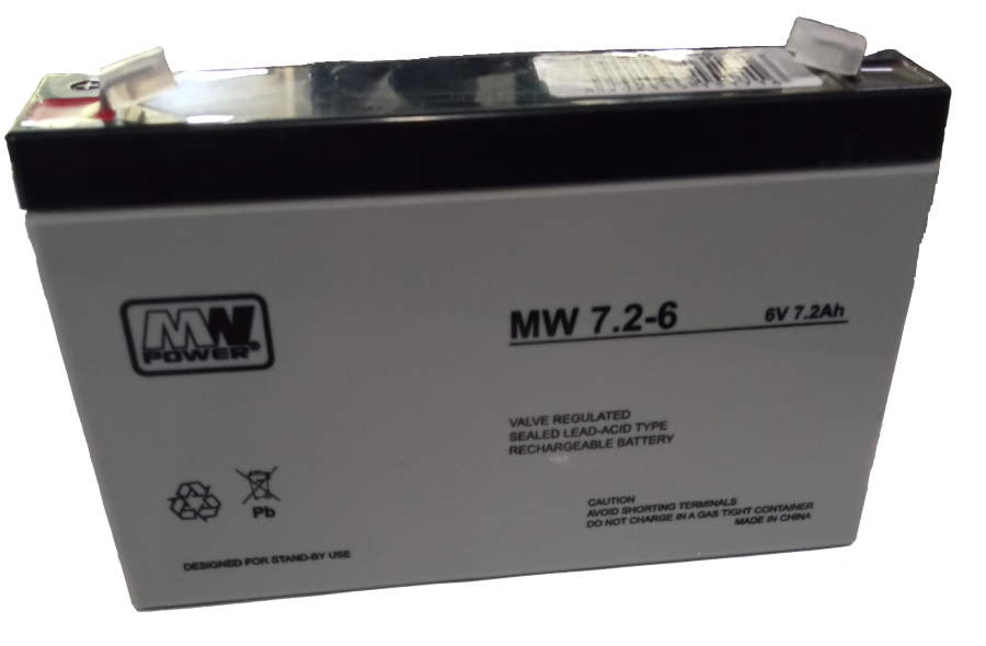 MW POWER: Pb 6V 7,2 Ah bezúdržbový akumulátor 1,3 kg, maximálny nabíjací prúd 2.1A, maximálny vybíjací prúd 80A